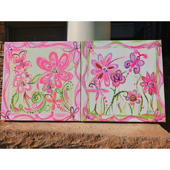 Colleen Karis Sparkly Pink Flowers & Butterflies 2008 Stretched Canvas  12"x12" - Picture 1 of 7